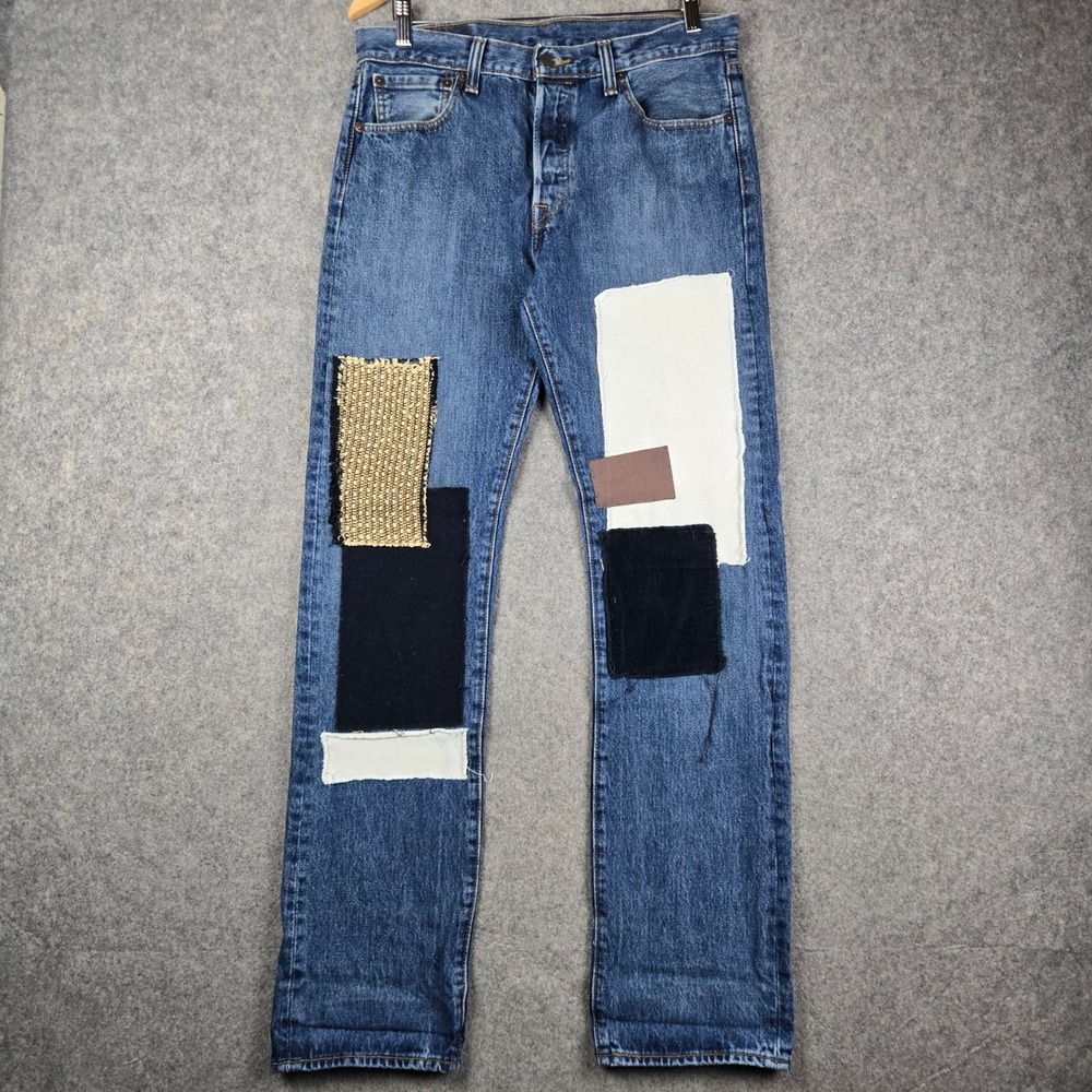 Levi 501 Jeans Mens 32x34 Blue Denim Patchwork Button Fly Straight Leg